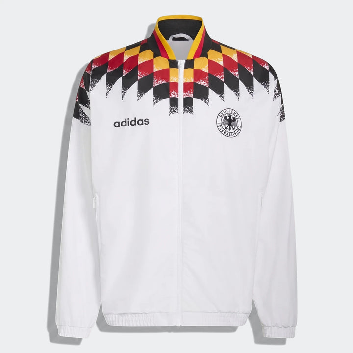 White Adidas Germany 1994 Retro Track Top with DFB crest and checkered flag design, full front view.