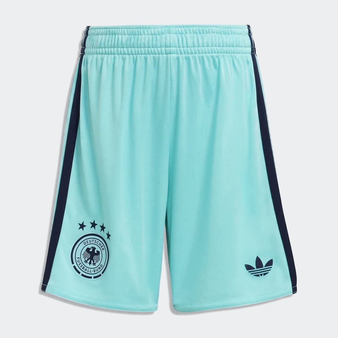 Aqua blue Adidas Germany 25/26 Away Mini Kit football shorts with the German crest and Adidas logo, front view.