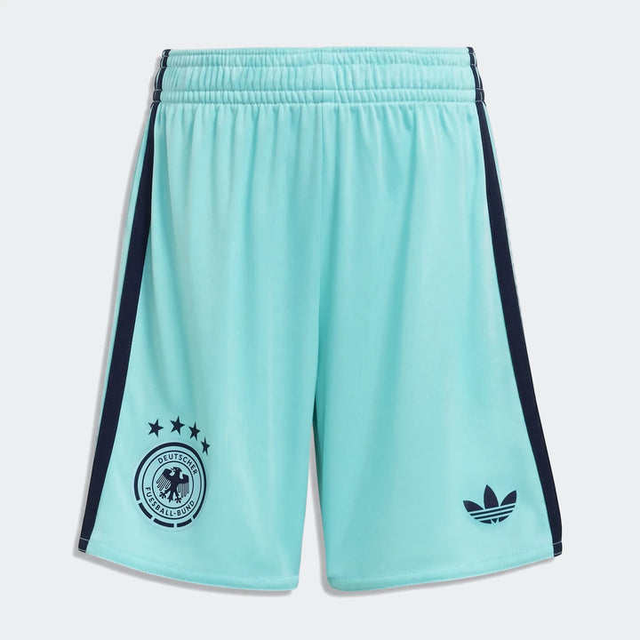 Aqua blue Adidas Germany 25/26 Away Mini Kit football shorts with the German crest and Adidas logo, front view.