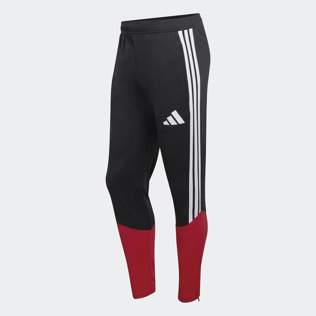 Men's Adidas Germany Training Pants in black with red lower leg panels and classic white three-stripe detail, full length.