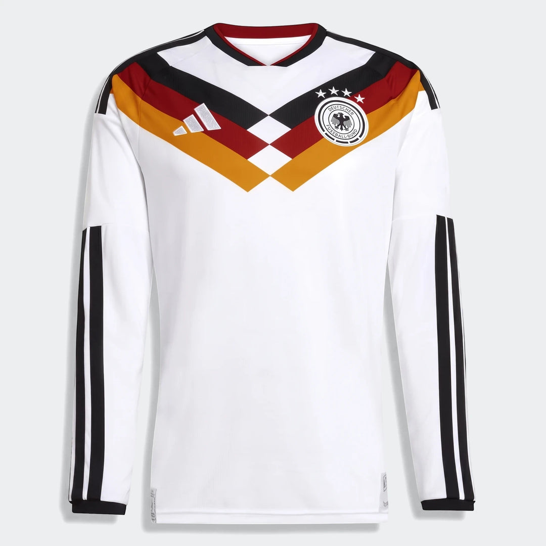 White Adidas Germany Z.N.E. Track Top, a long-sleeved football jersey with black, red, and yellow stripes, displayed flat.