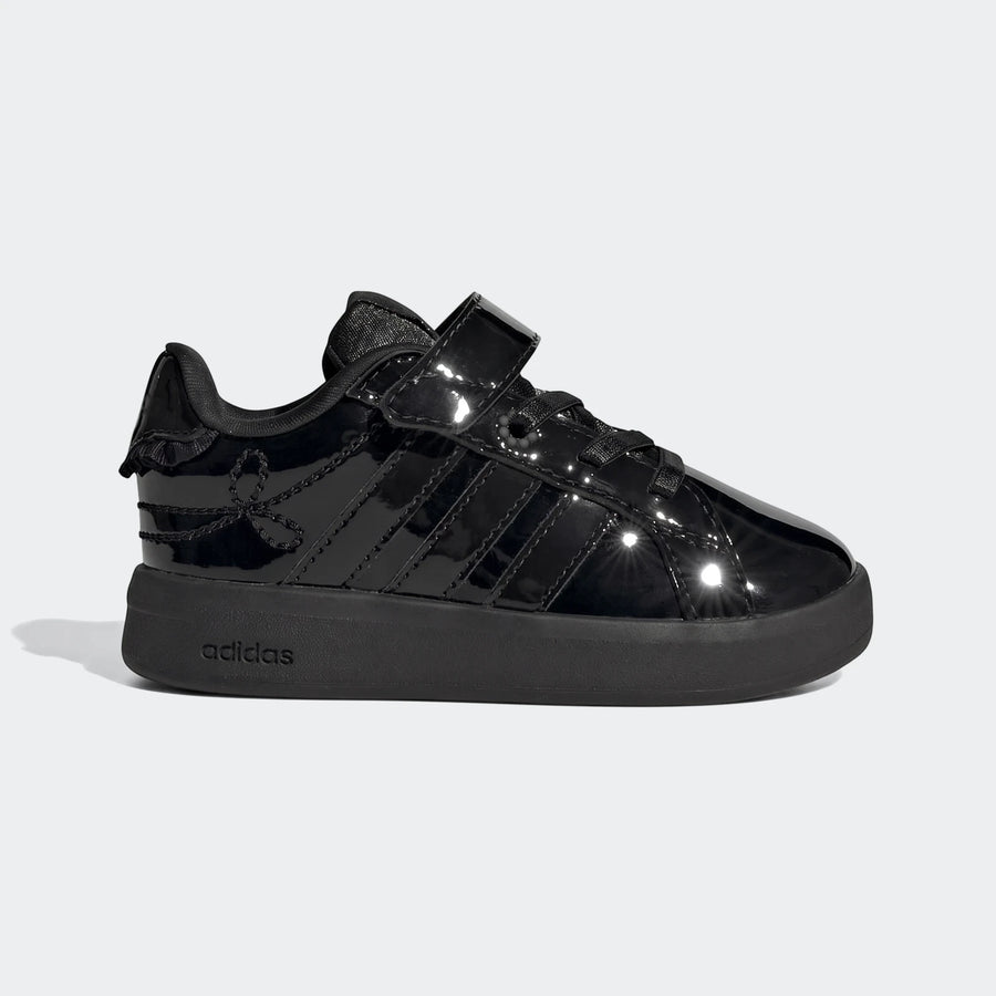 Adidas Grand Court 3.0 Girls Infant shoes in black patent leather, featuring a single velcro strap and side view.