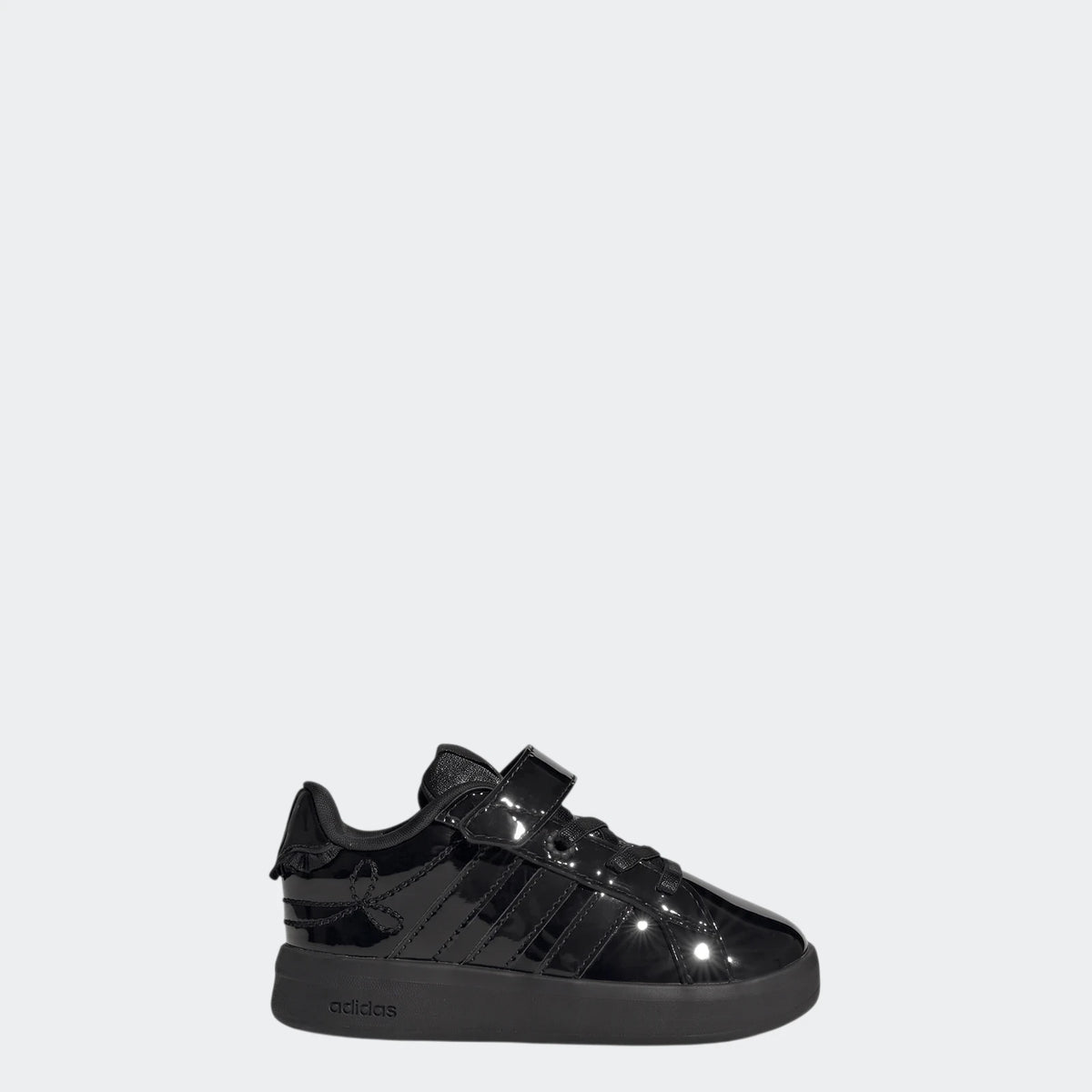 Adidas Grand Court 3.0 Girls Infant shoes in black patent material, featuring a velcro strap closure and a chunky sole, side