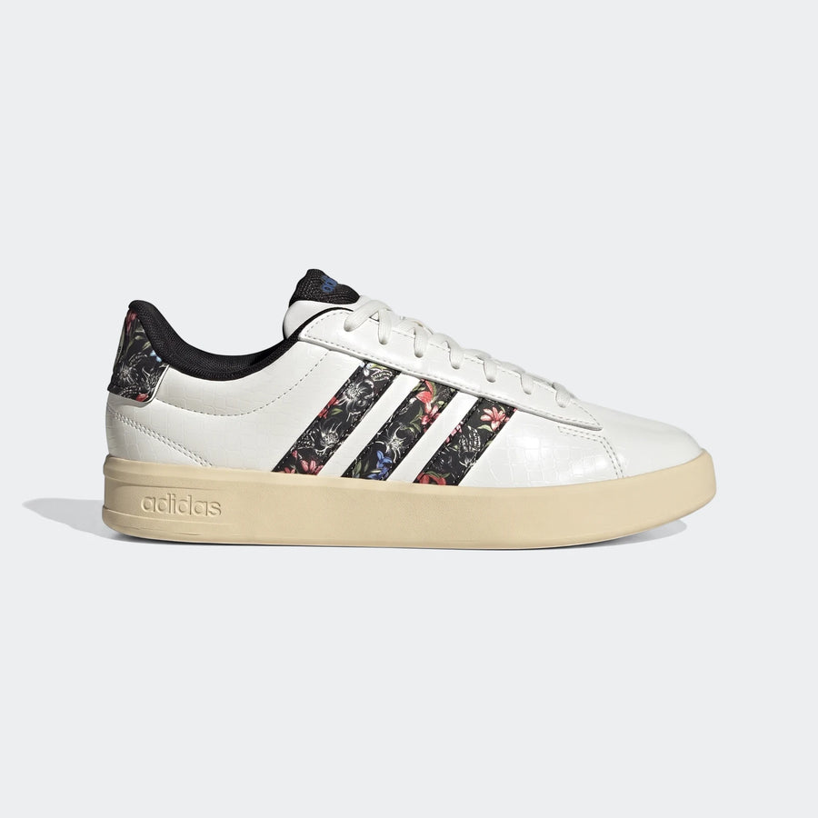 White Adidas Grand Court 3.0 shoes with floral striped side, shown in a side view.