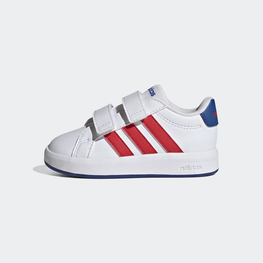 Infant Adidas Grand Court 3.0 shoes in white with red stripes and blue heel tab, shown from a side view.