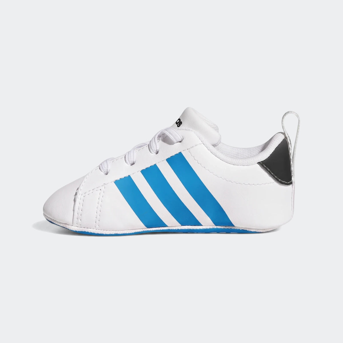 White Adidas Grand Court baby shoes with three bright blue side stripes and white laces, shown in a side profile view.