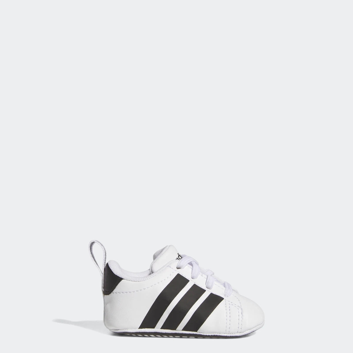 White and black Adidas Grand Court Crib baby sneakers with three stripes, shown from a side view.