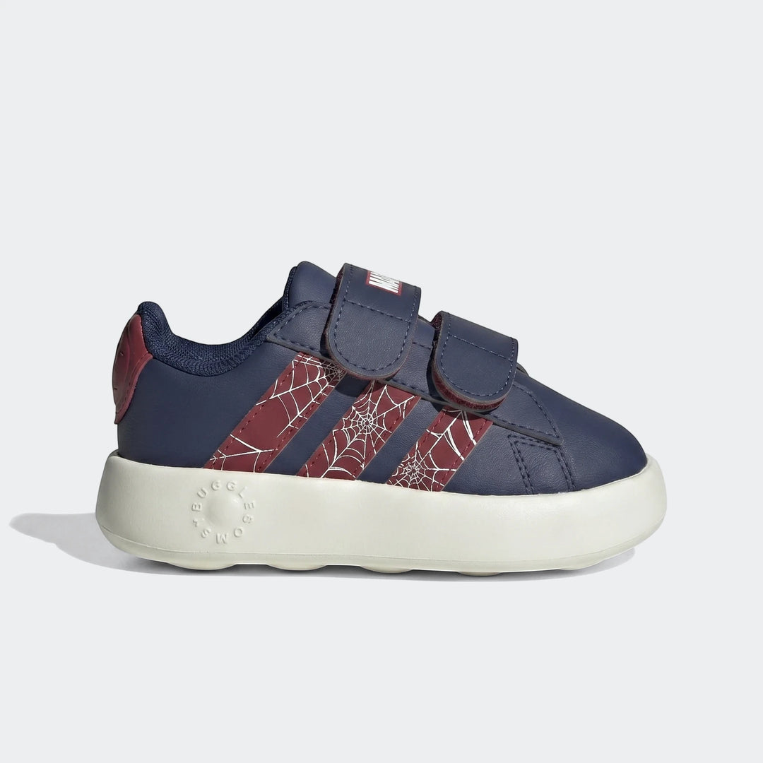 Adidas Grand Court Spider-Man Cloudfoam Kids Shoes in navy blue and red with velcro straps, side view.