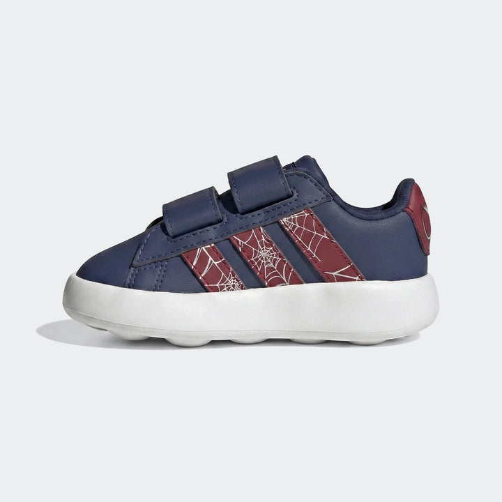 Kids' Adidas Grand Court Spider-Man Cloudfoam shoes in dark blue with red spiderweb stripes and velcro straps.