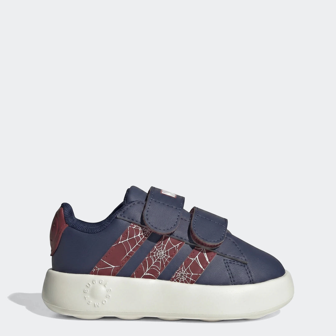 Kids' navy blue and maroon Adidas Grand Court Spider-Man Cloudfoam shoes with white web print and velcro closure, side view.
