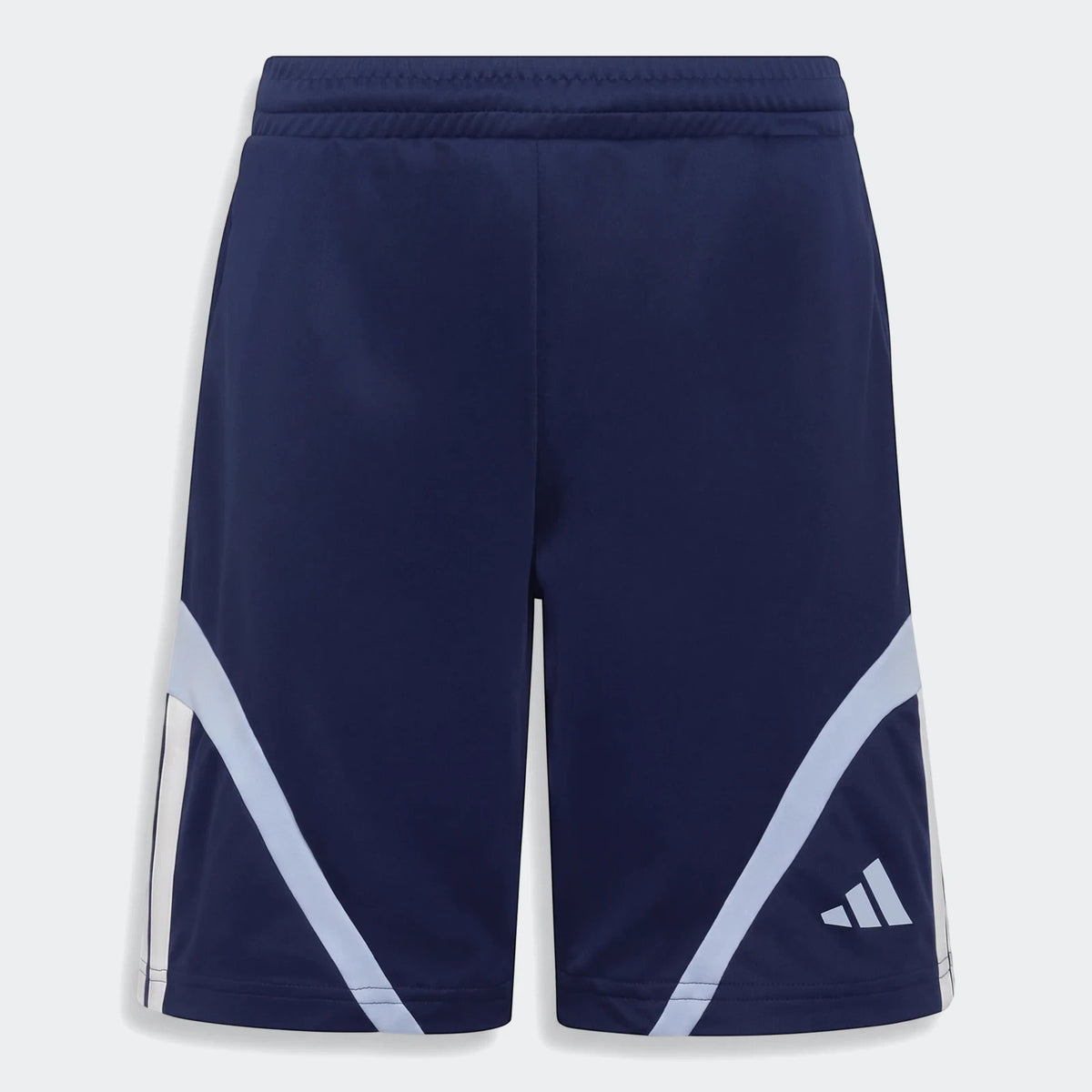Navy blue Adidas House Of Tiro athletic shorts for kids, featuring light blue and white side stripes and the iconic Adidas