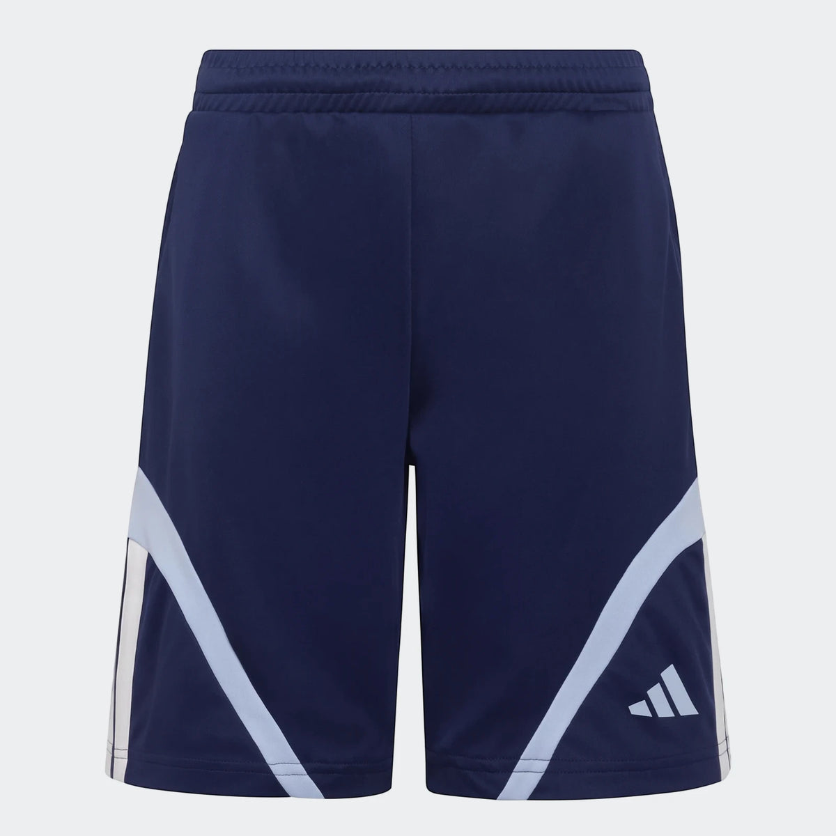 Dark blue Adidas House Of Tiro kids' athletic shorts with light blue and white stripe details, flat lay.