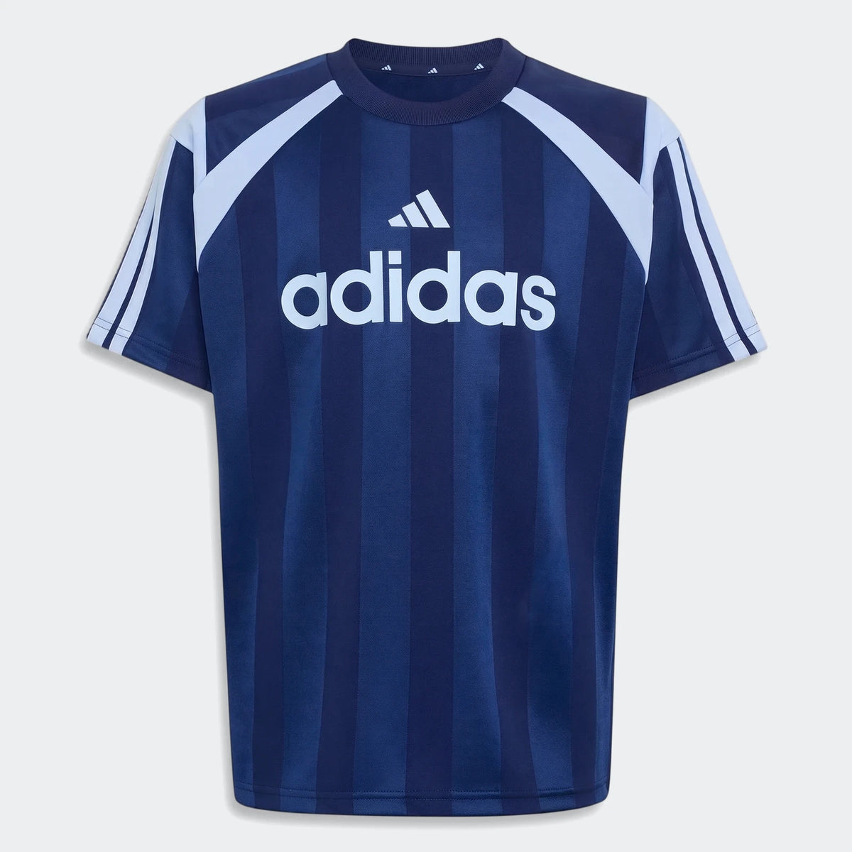 Front view of a dark blue Adidas House Of Tiro Unisex T-Shirt with white stripes on the shoulders and a prominent Adidas