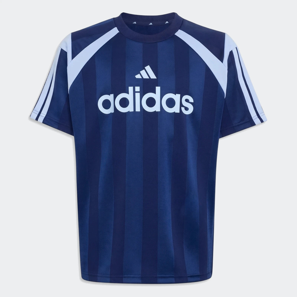 Adidas House Of Tiro unisex t-shirt in dark blue with vertical stripes and white three-stripes on sleeves, front view.