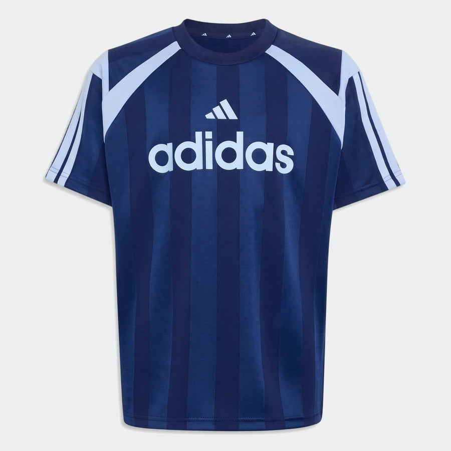 Adidas House Of Tiro unisex t-shirt in dark blue with vertical stripes and white three-stripes on sleeves, front view.