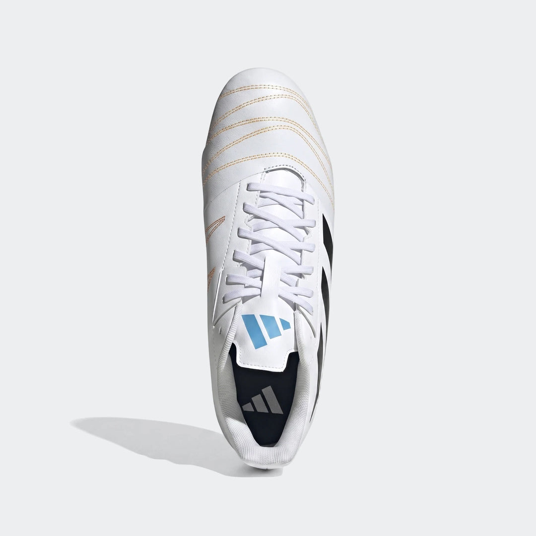 Top-down view of a white Adidas Kakari Elite SG rugby boot with black stripes, blue logo, and gold stitching.