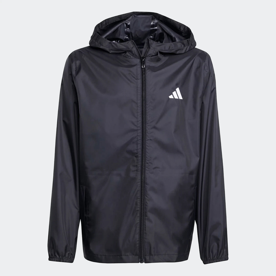 Black kids' Adidas rain jacket with hood and zipper, shown in a full front view.