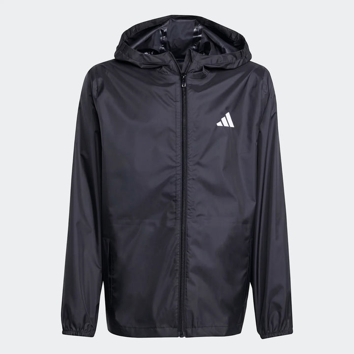 Black kids' Adidas rain jacket with hood and zipper, shown in a full front view.