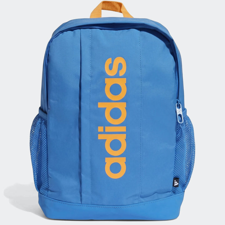 Kids' Adidas blue backpack featuring an orange 'adidas' logo on the front, a top carry handle, and mesh side pockets, shown