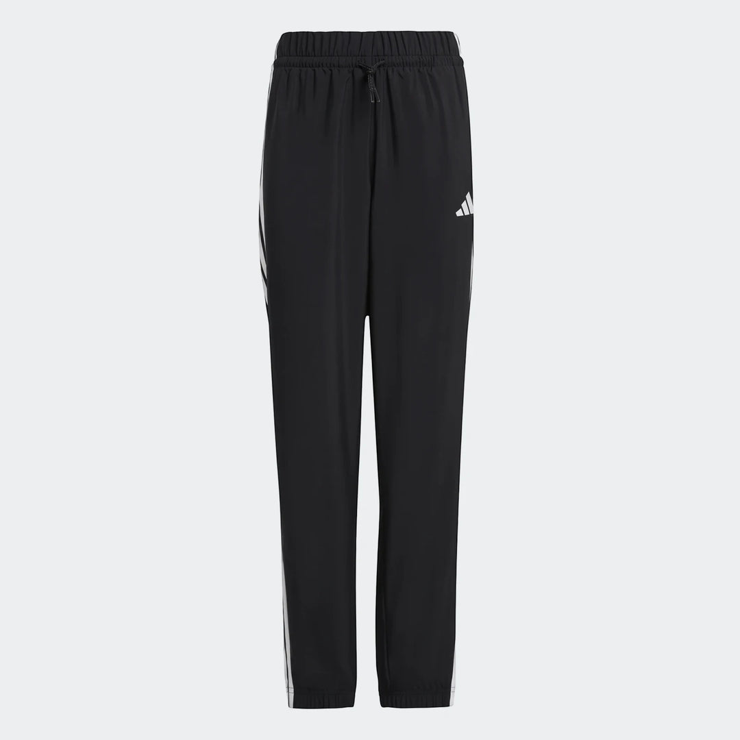 Black Adidas Essentials Climacool Tracksuit Bottoms for kids with white stripes, shown laid flat.