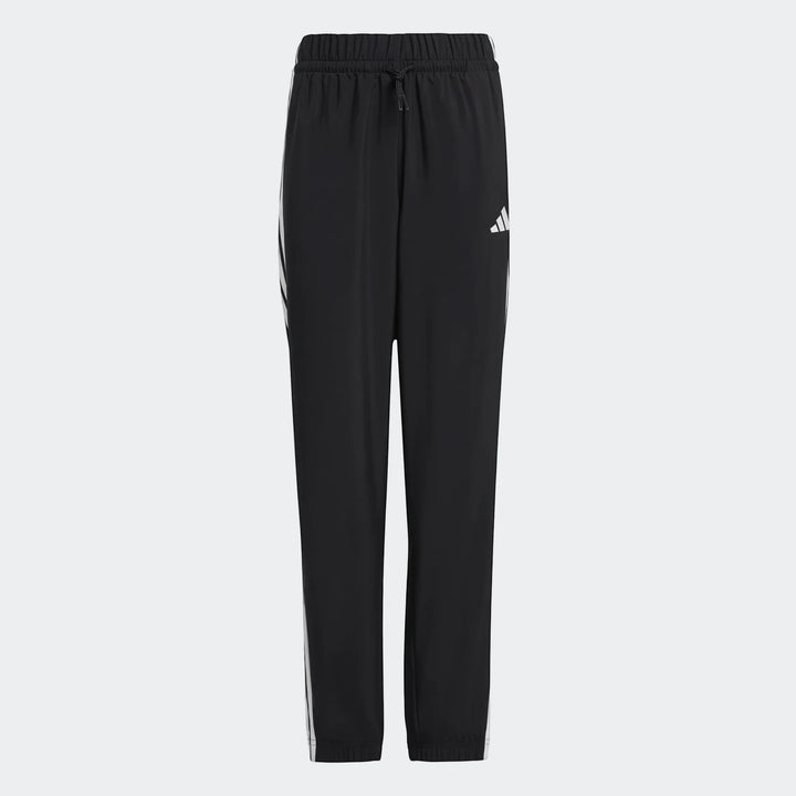 Black Adidas Essentials Climacool Tracksuit Bottoms for kids with white stripes, shown laid flat.