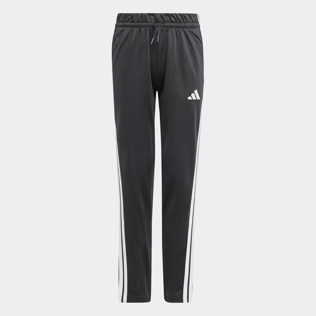 Adidas Kids Essentials Climacool track pants in dark gray with white stripes, shown as a full length view.