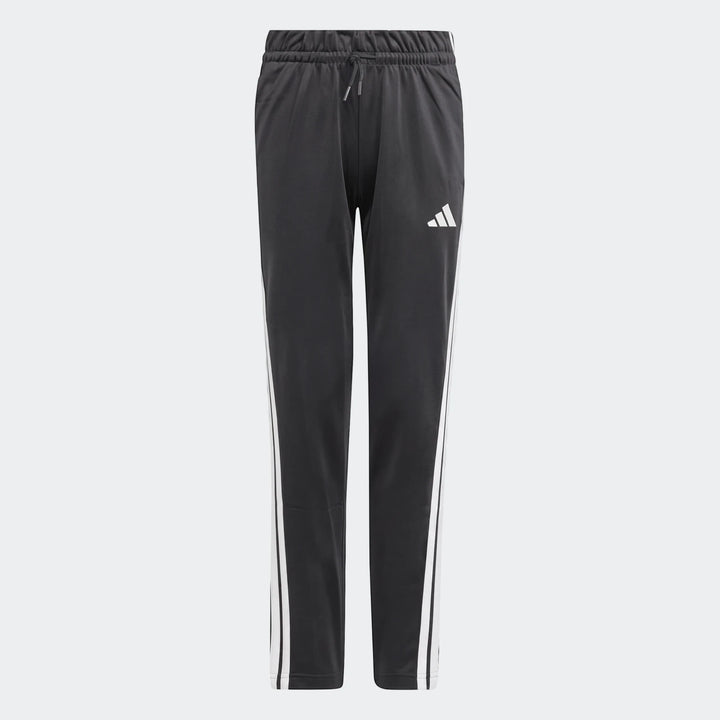 Adidas Kids Essentials Climacool track pants in dark gray with white stripes, shown as a full length view.