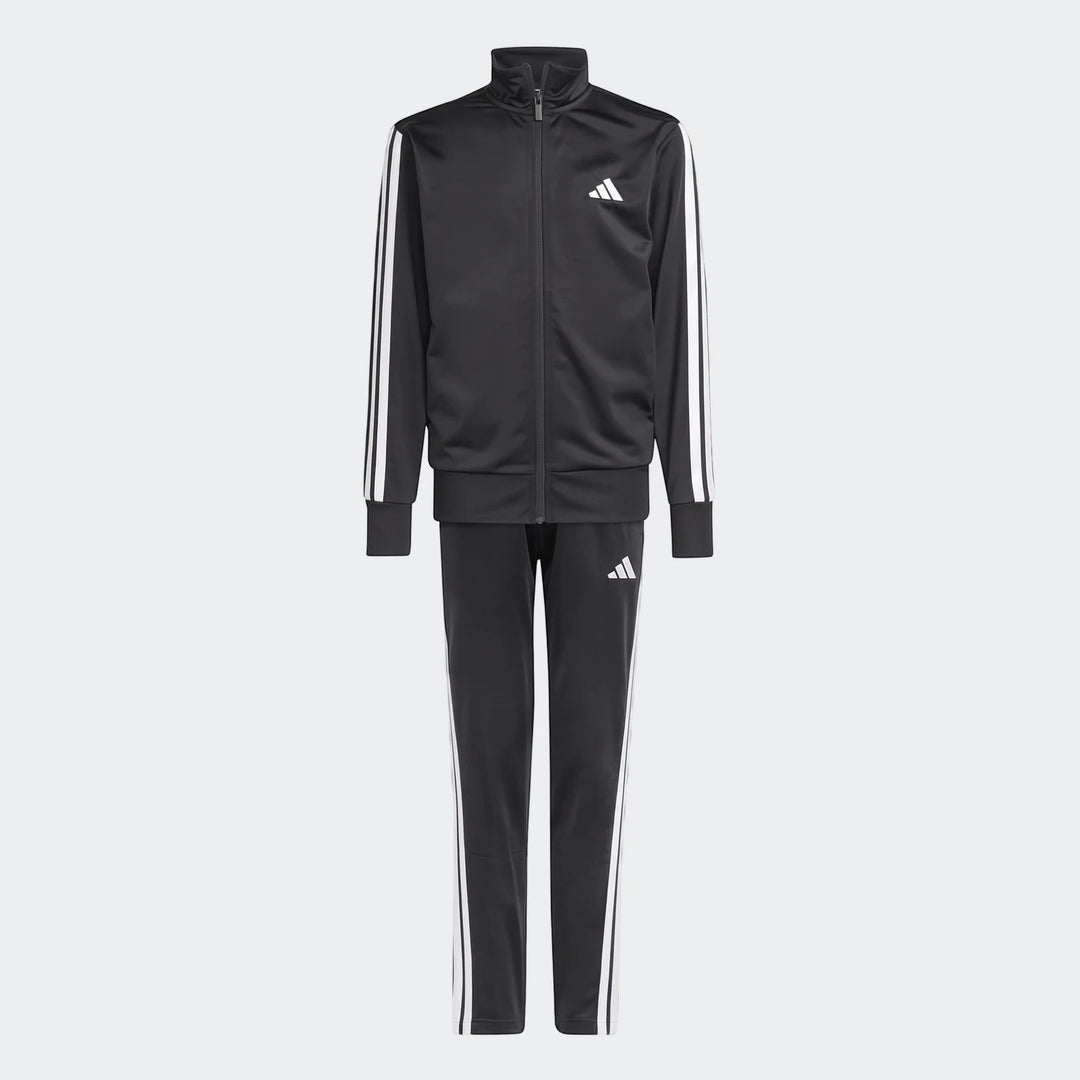 Adidas Kids' Essentials Climacool Track Suit in black with white 3-stripes, featuring a full-zip jacket and matching