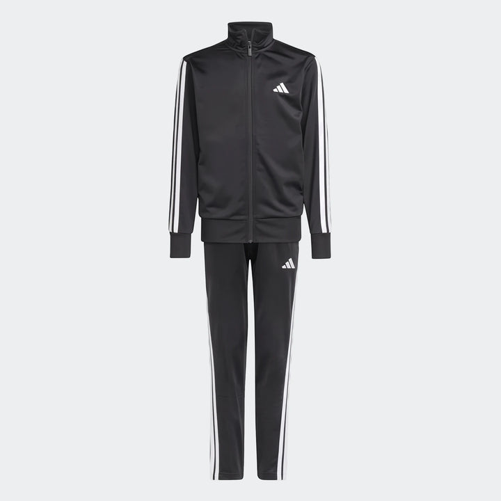 Adidas Kids' Essentials Climacool Track Suit in black with white 3-stripes, featuring a full-zip jacket and matching