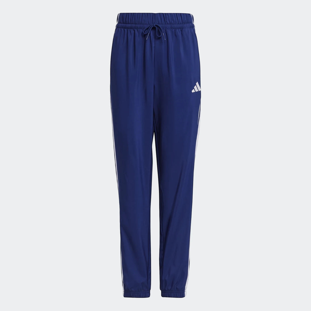 Blue kids' Adidas Essentials Climacool tracksuit bottoms, featuring white three-stripe detailing and an Adidas logo, viewed