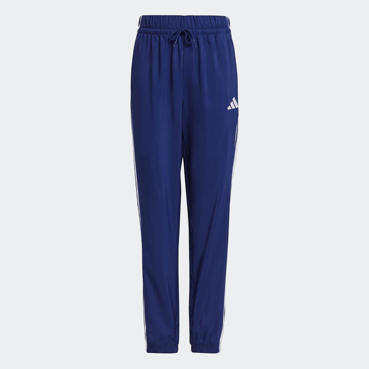Blue kids' Adidas Essentials Climacool tracksuit bottoms, featuring white three-stripe detailing and an Adidas logo, viewed
