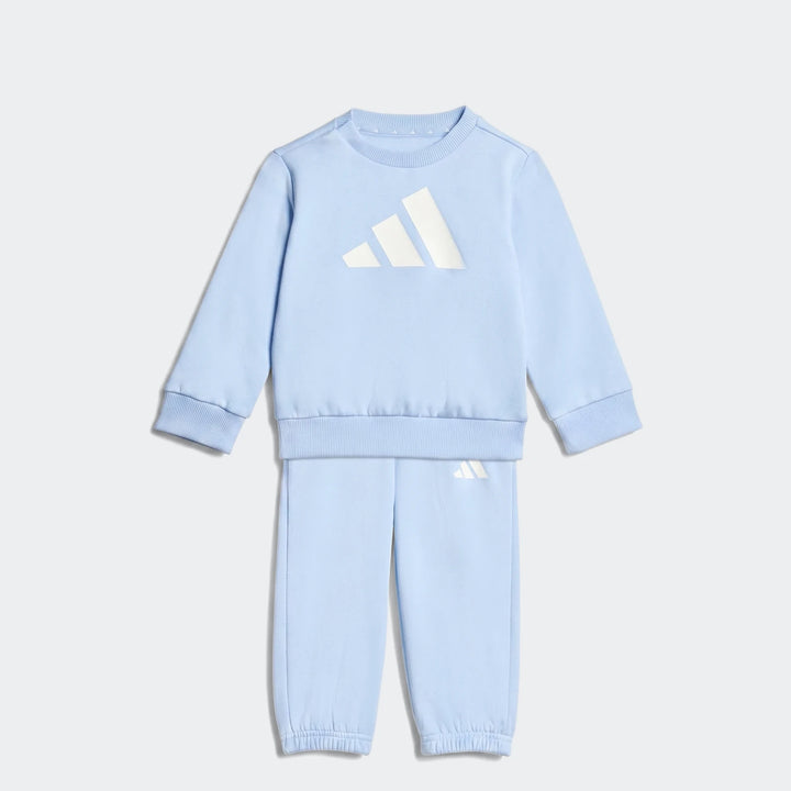 Light blue Adidas Kids Essentials sweatshirt and joggers set, featuring a large white logo on the chest and a smaller logo