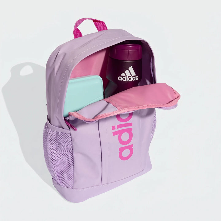 Open lavender purple Adidas Kids Lin Bk Pk backpack showing a purple water bottle and light blue lunchbox inside.