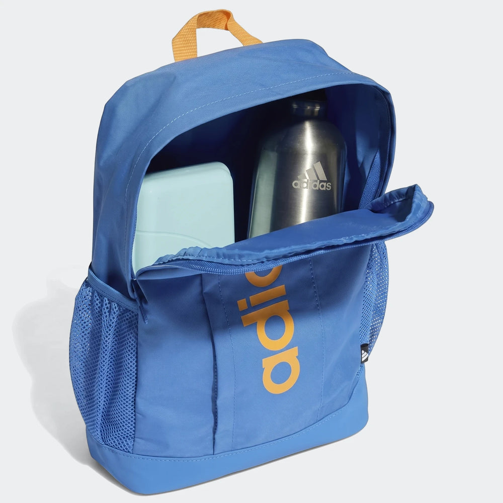 Adidas Kids Lin Blue Backpack, shown open with a silver water bottle and light blue lunch box inside, in an angled studio