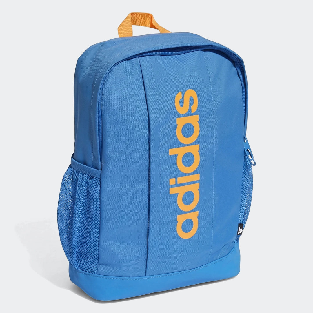 Blue Adidas Kids Linear Backpack with an orange logo, top handle, and mesh side pockets, shown from a front angle.