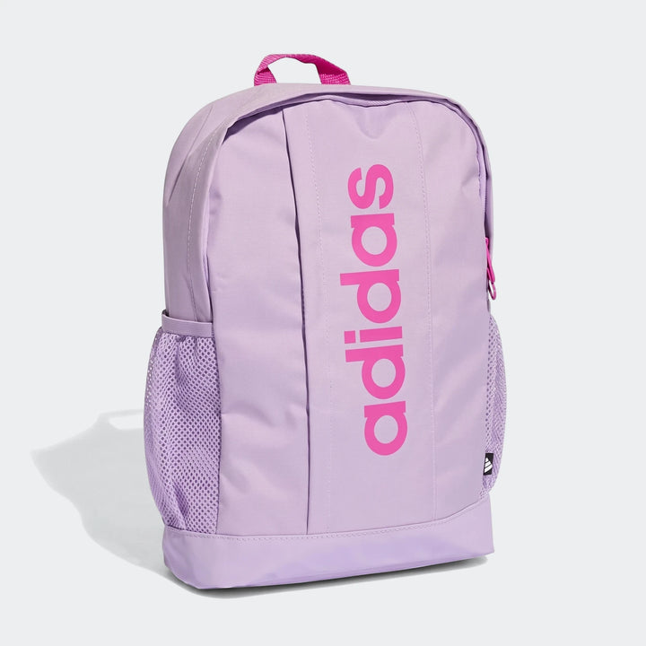 Purple Adidas Kids Linear Backpack with hot pink logo and mesh side pocket, shown from a front view.