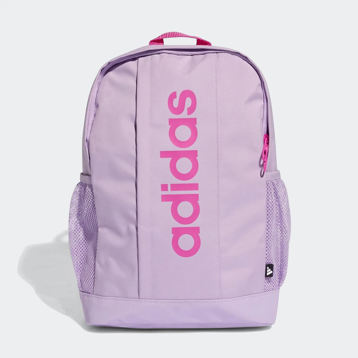 Front view of an Adidas Kids Linear Backpack in purple, featuring a prominent pink Adidas logo, a pink top handle, and mesh