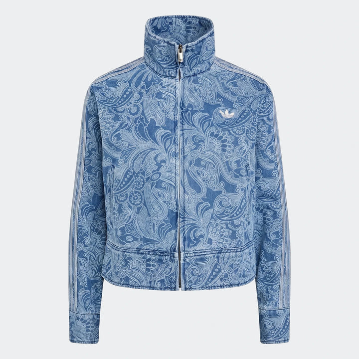 Adidas Liberty London Firebird Denim Tracktop, a blue paisley patterned jacket with a full zip and white Adidas logo, front