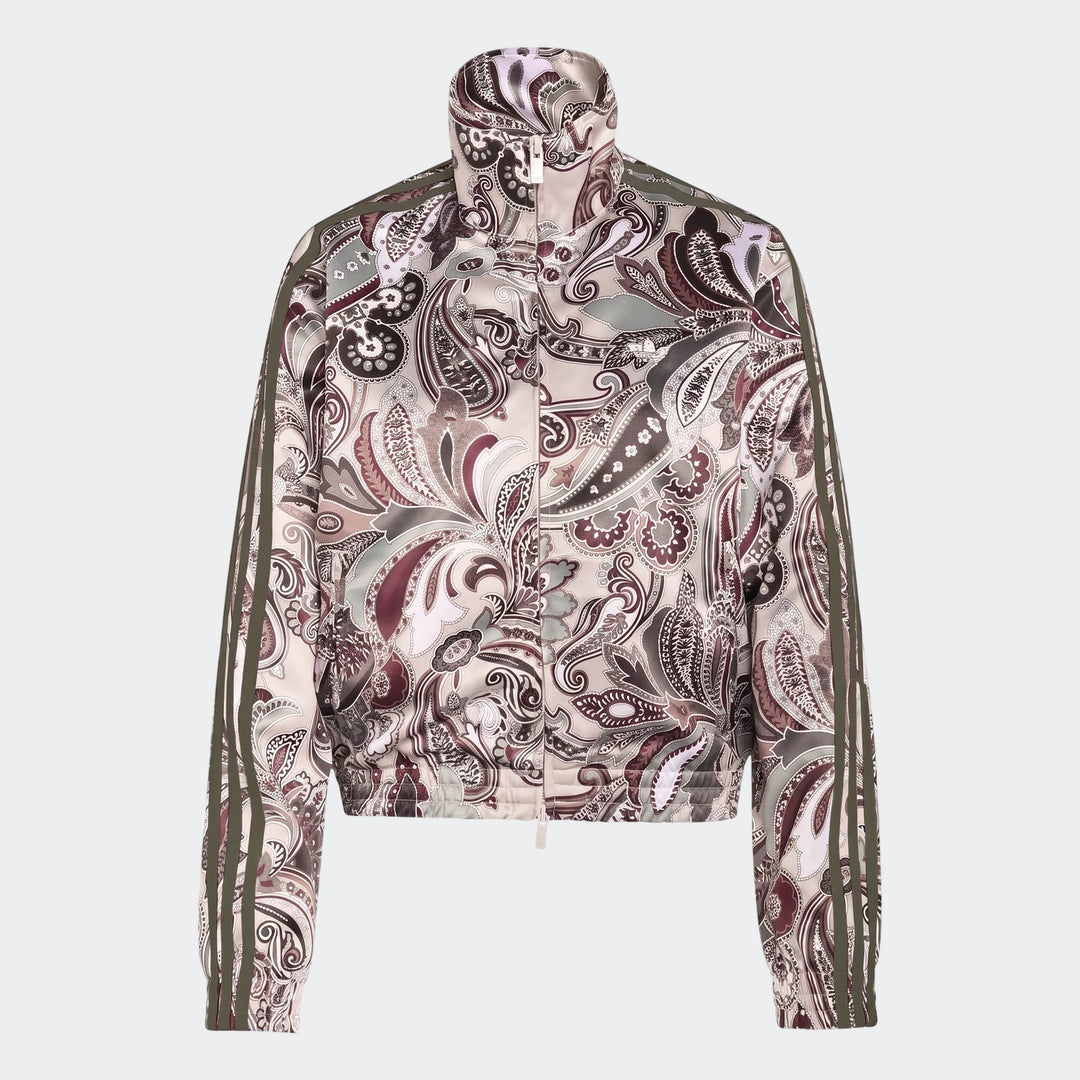 Adidas Liberty London Firebird Satin Track Top with a detailed paisley print and olive green three stripes on sleeves, front