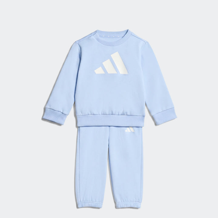 Light blue Adidas Essentials Jogger Set for toddlers, featuring a long-sleeve sweatshirt with a white logo and matching