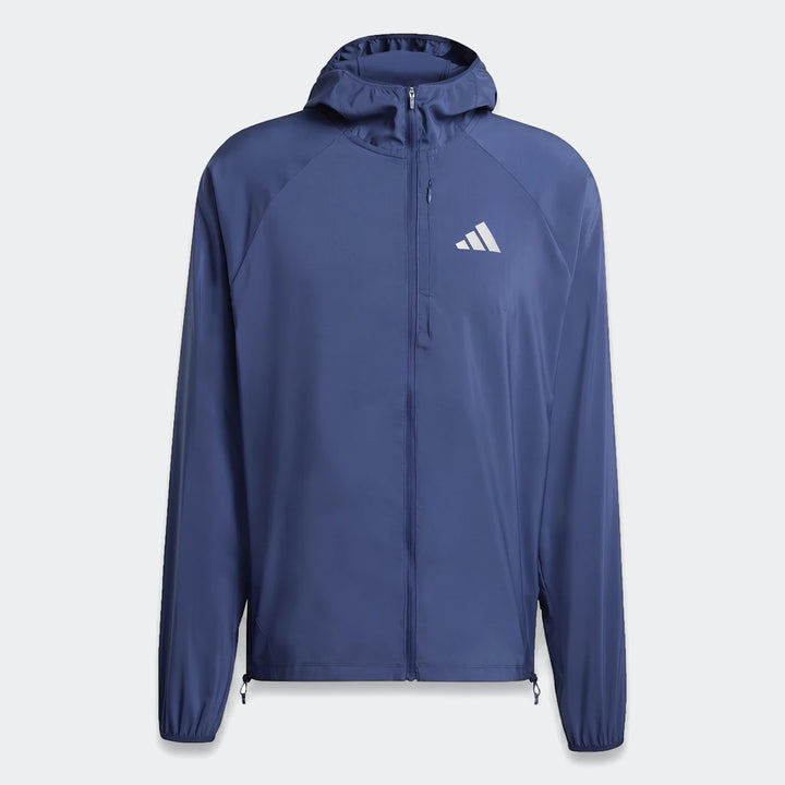 Blue Adidas Run Essentials Jacket for men, a lightweight, hooded full-zip athletic top shown in a flat-lay view.