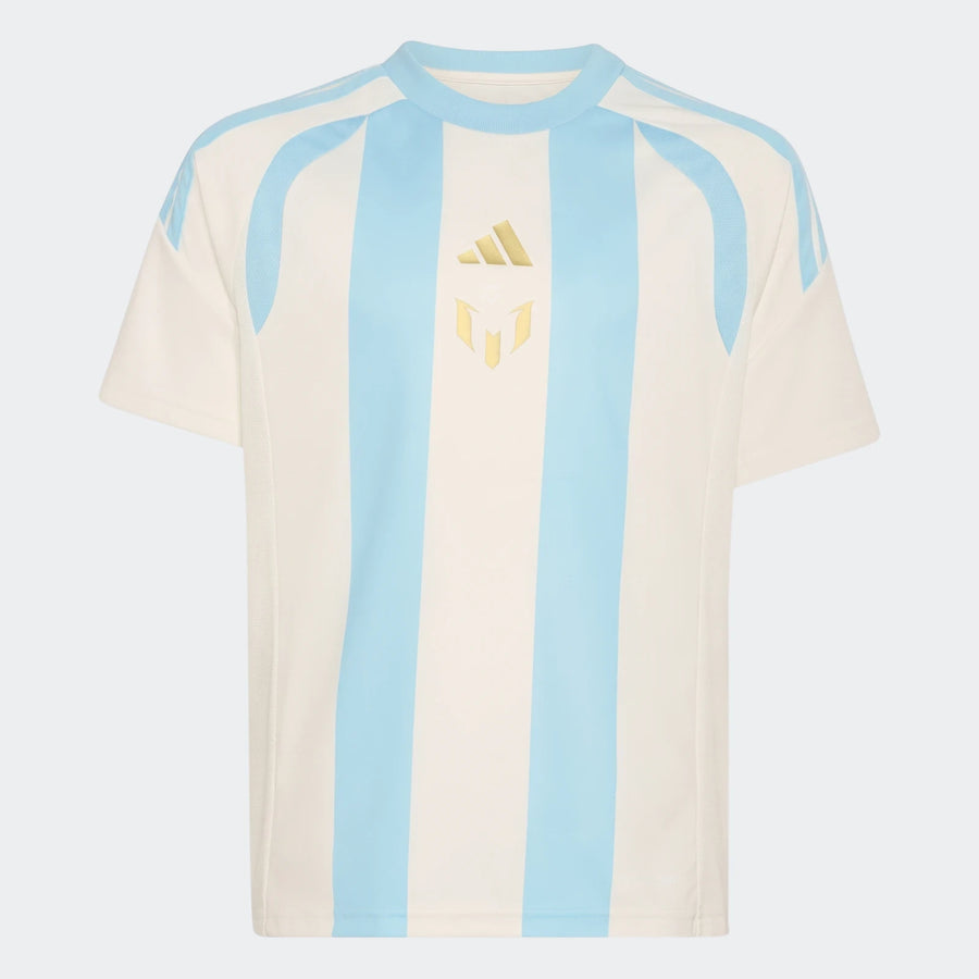 Adidas Messi Tiro League Kids jersey with light blue and off-white vertical stripes and golden logos, front view.