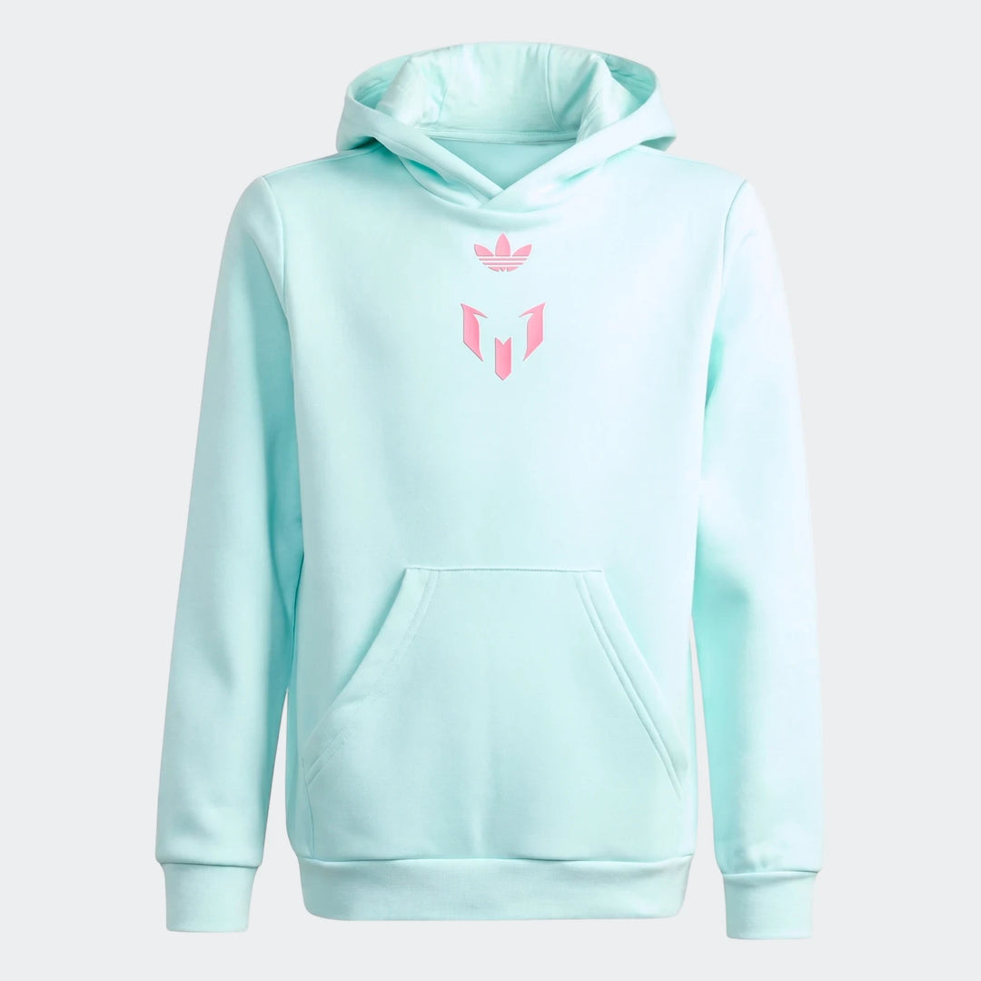 Light blue Adidas Messi Youth Hoodie with pink logo and kangaroo pocket, front view.
