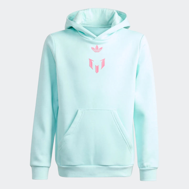 Light blue Adidas Messi Youth Hoodie with pink logo and kangaroo pocket, front view.