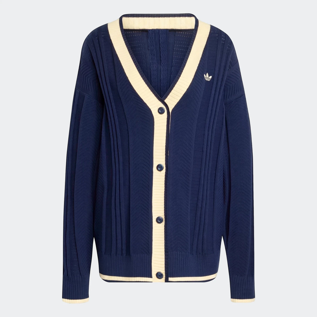 Navy blue Adidas cable knit cardigan with cream trim and buttons, displayed flat in a front view.
