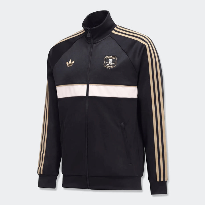 Black Adidas Op Og2 Tt track jacket featuring gold three-stripes on sleeves and an Orlando Pirates crest on the chest, front