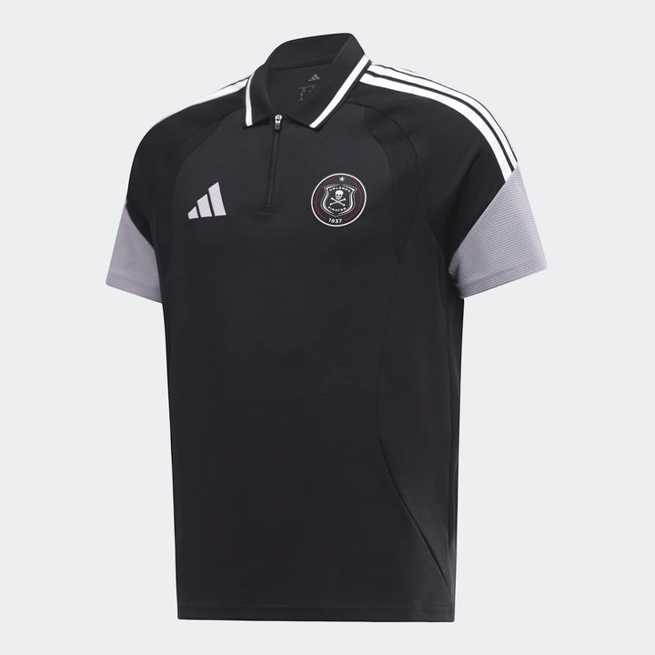 Black Adidas Op Tiro26C short-sleeve polo shirt with white stripes and Orlando Pirates FC crest, displayed on a mannequin.