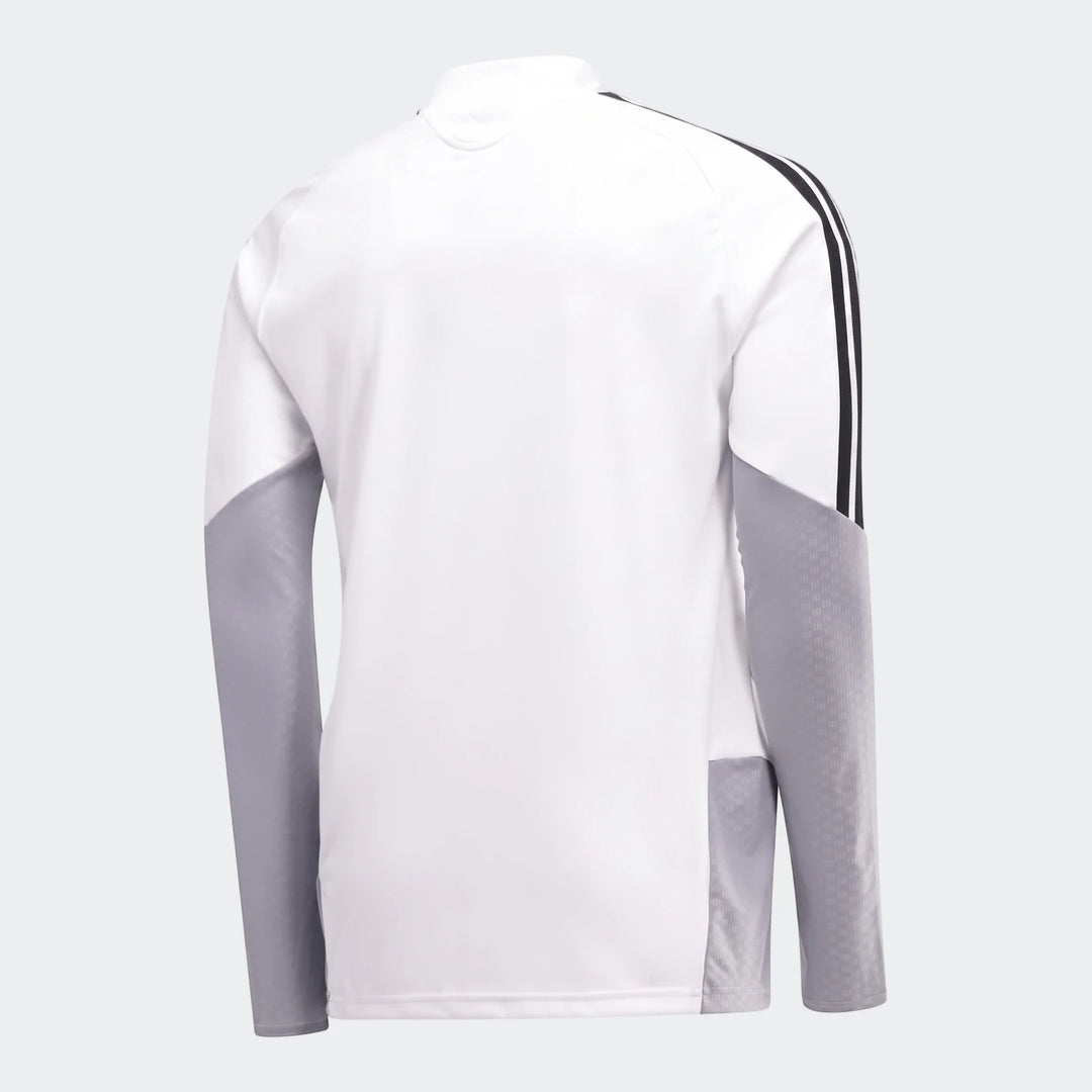 Back view of a white and grey Adidas Op Tiro26C Top, featuring black stripes on the sleeve and textured grey panels.