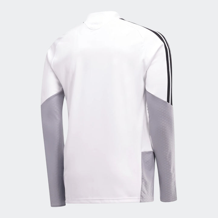 Back view of a white and grey Adidas Op Tiro26C Top, featuring black stripes on the sleeve and textured grey panels.