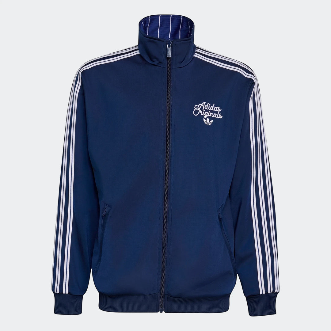 Navy blue Adidas Originals Firebird Loose Reversible Tracktop with white three stripes, full-zip, and ribbed collar.